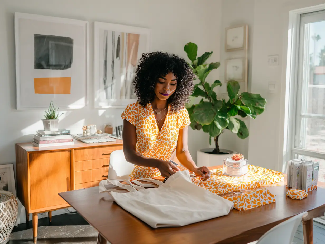 A woman in a patterned yellow dress holds a tote bag on a wooden table in a bright room with potted plants and modern art, conveying a calm, creative atmosphere.