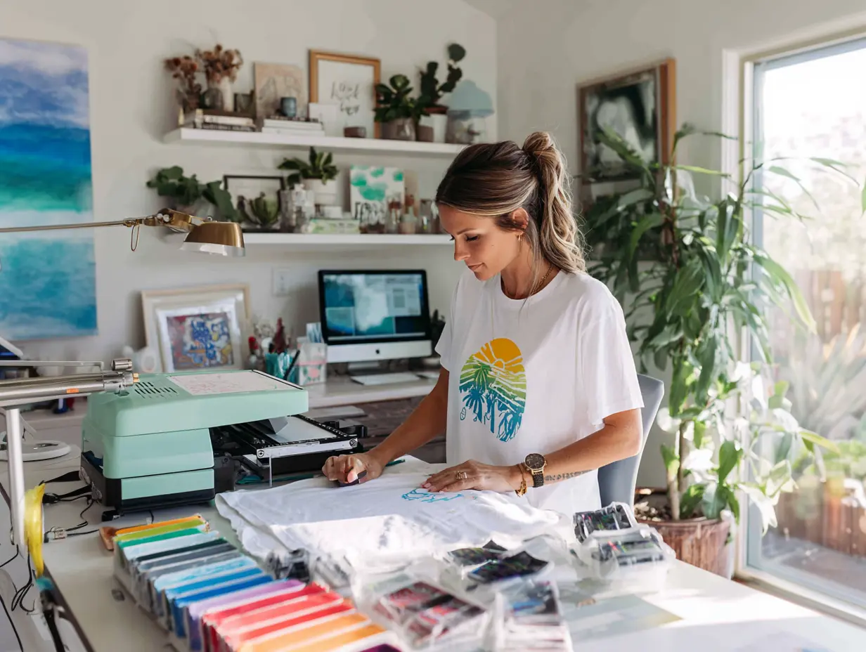 A woman in a bright room works on T-shirt printing as an example of Print-on-Demand Product Ideas for Beginners. She wears a T-shirt with a sun design, surrounded by vibrant art supplies and plants. The mood is creative and focused.