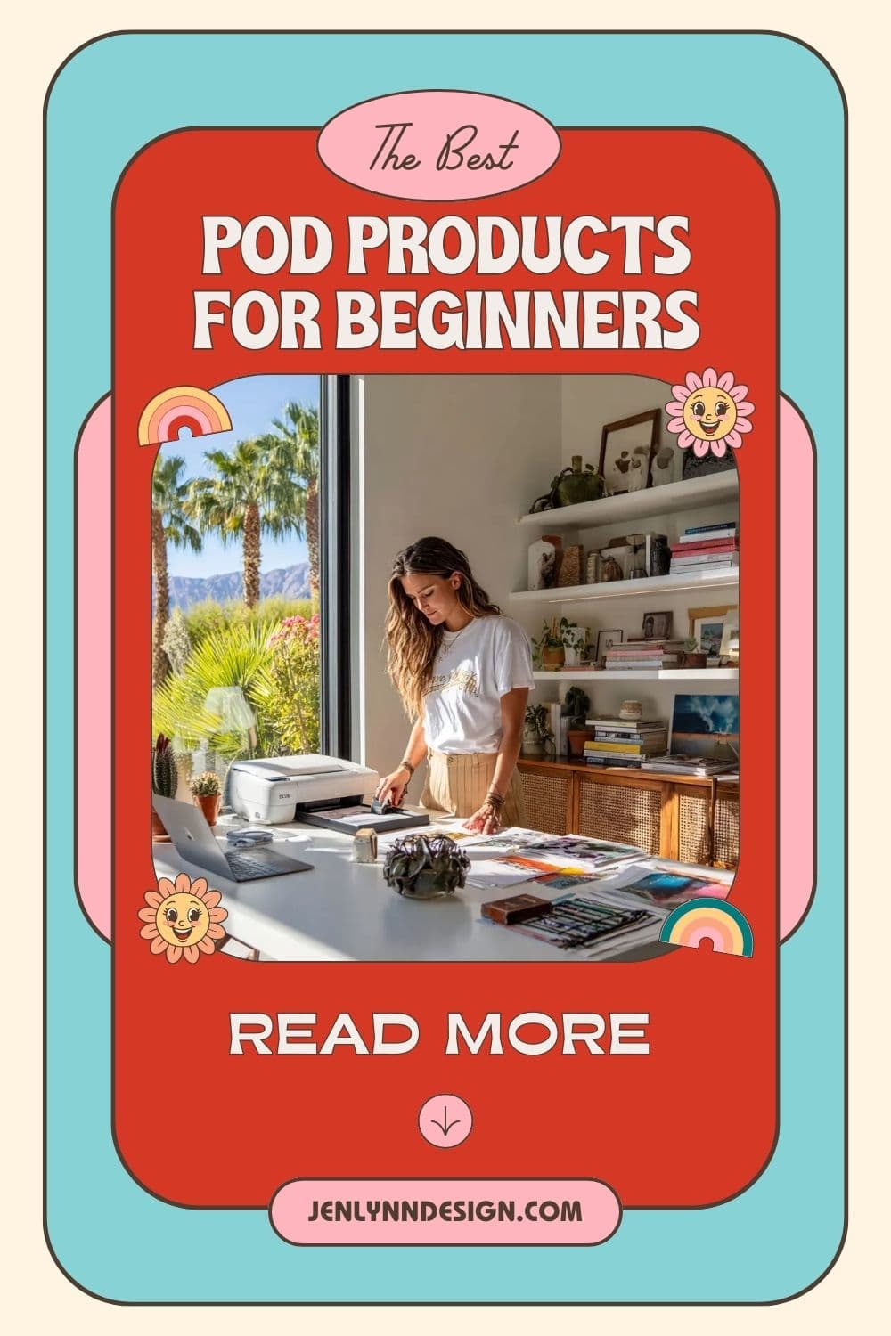 A woman enjoys print-on-demand products in a sunlit room with tropical views. The setting is cozy with shelves of books. Text overlay promotes POD products for beginners.